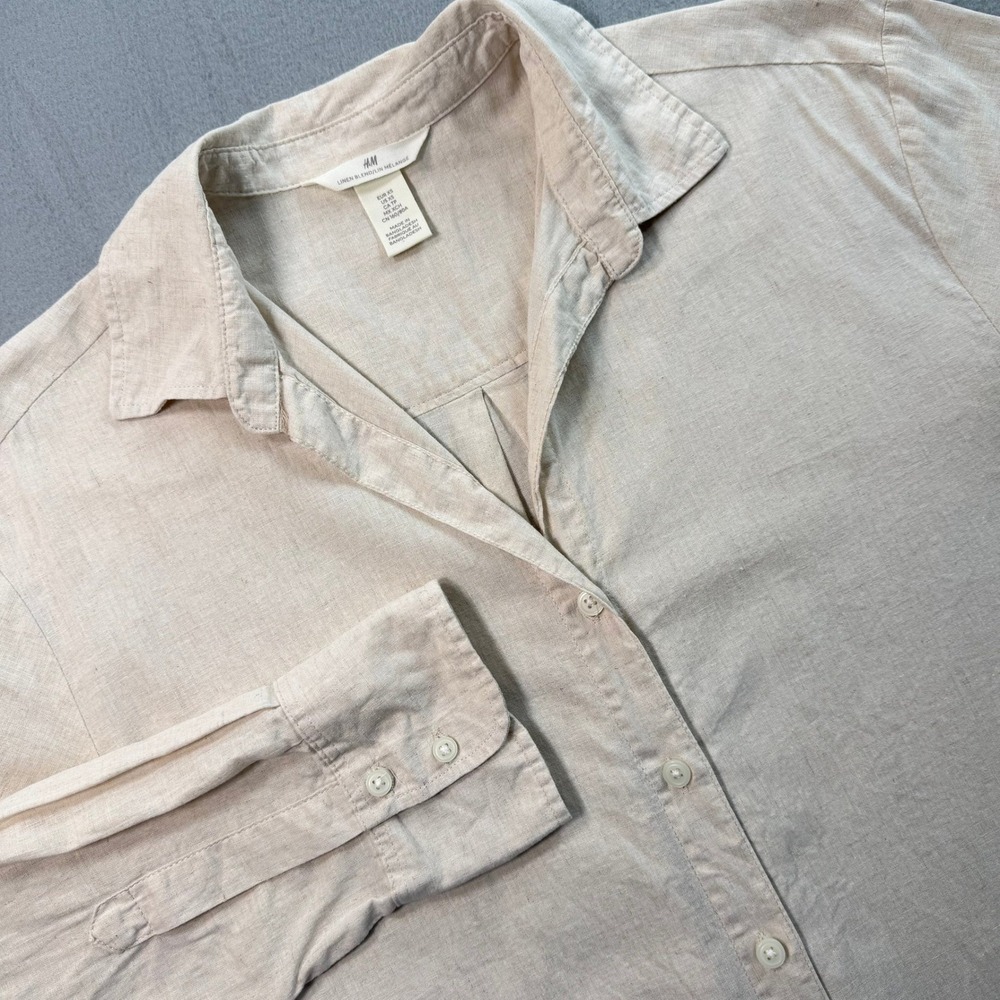 Coastal Beige Shirt Dress Women's XS Linen Blend Long Sleeve Midi Melange - Picture 11 of 12